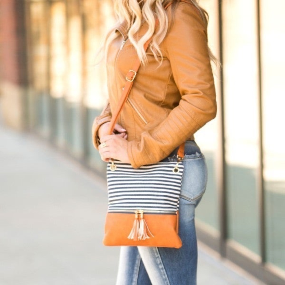 New Navy blue white stripes cognac crossbody purse
